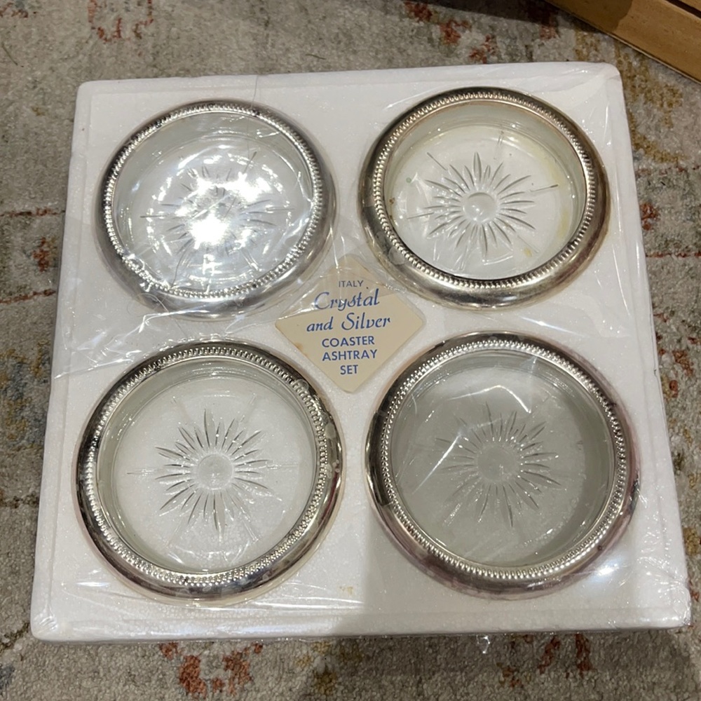 Italy crystal and silver coaster ashtray set